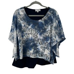 Shannon Ford New York Butterflies Navy White‎ Y2K Sheer Popover Top Size Small